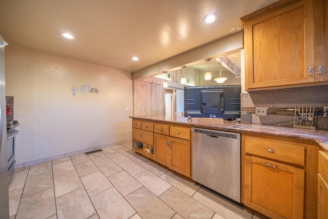 kitchen with stainless steel dishwasher, brown cabinetry, recessed lighting, and tasteful backsplash