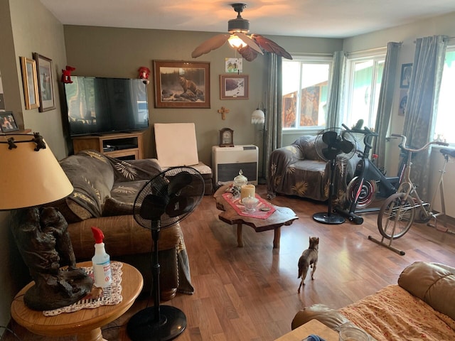 living room featuring ceiling fan and wood-type flooring