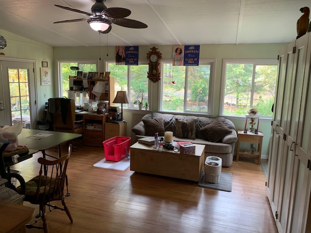 living room with ceiling fan and light hardwood / wood-style flooring