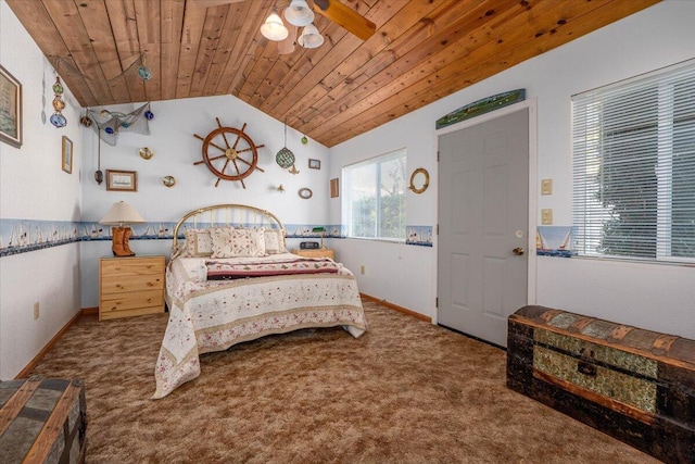 carpeted bedroom featuring lofted ceiling, ceiling fan, and wood ceiling