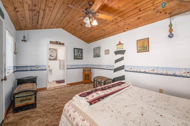 carpeted bedroom with ceiling fan, lofted ceiling, and wood ceiling