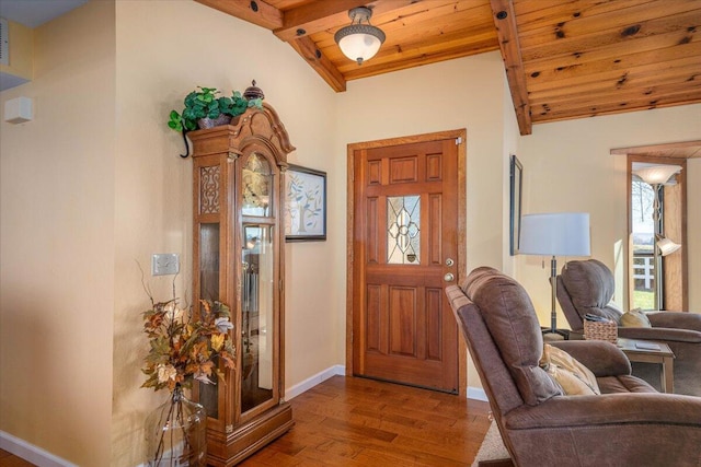 entryway with wooden ceiling, wood-type flooring, and lofted ceiling with beams