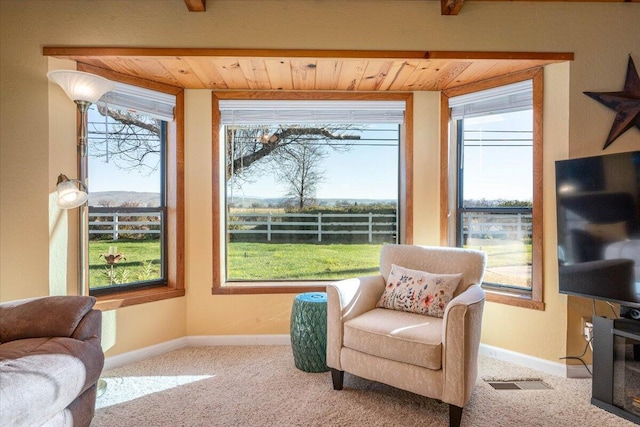 living area with carpet floors and wooden ceiling