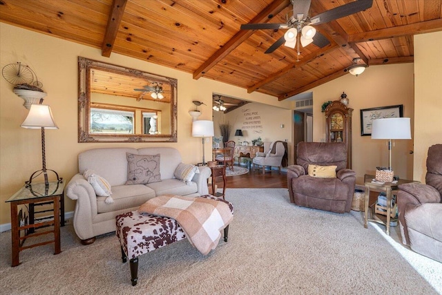 living room with lofted ceiling with beams, carpet flooring, and wooden ceiling