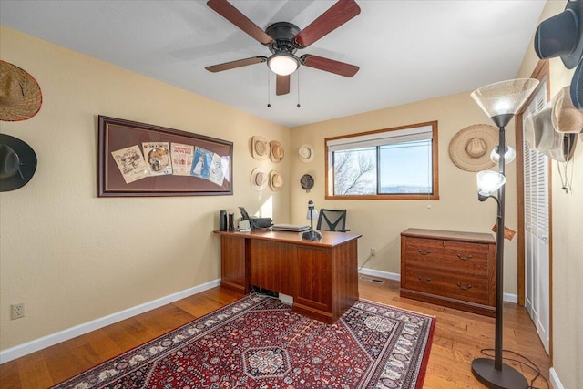 office featuring ceiling fan and light hardwood / wood-style floors