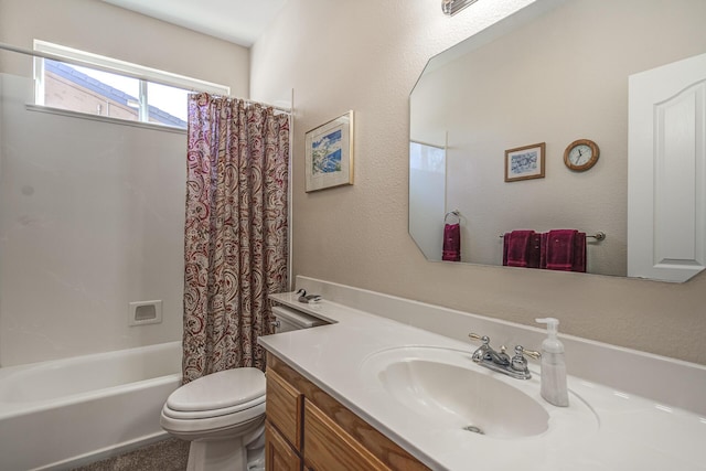 full bathroom with shower / bathtub combination with curtain, vanity, and toilet