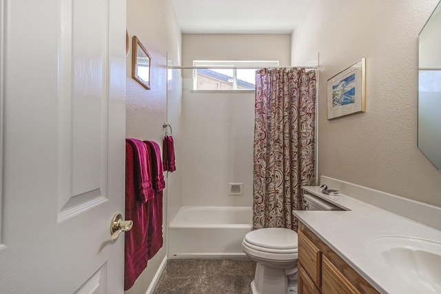 full bathroom featuring shower / bath combination with curtain, vanity, and toilet