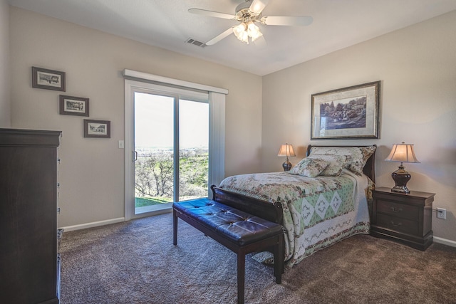 carpeted bedroom with access to exterior and ceiling fan