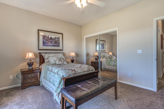 bedroom featuring ceiling fan, carpet floors, and a closet