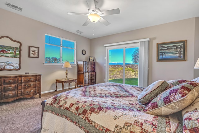 carpeted bedroom with access to exterior and ceiling fan