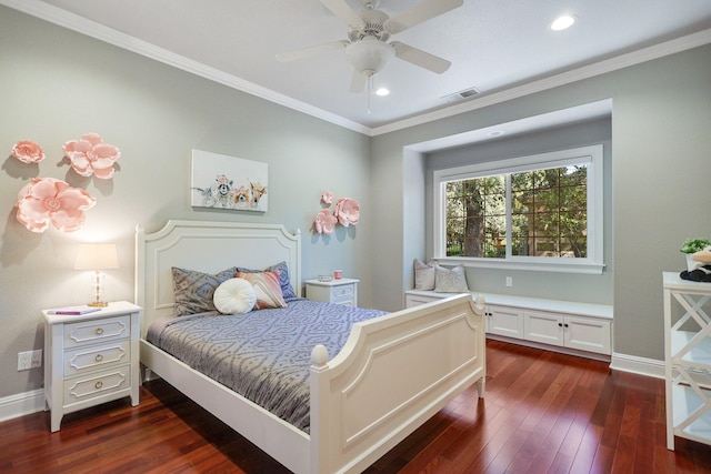 bedroom with ceiling fan, dark hardwood / wood-style floors, and ornamental molding