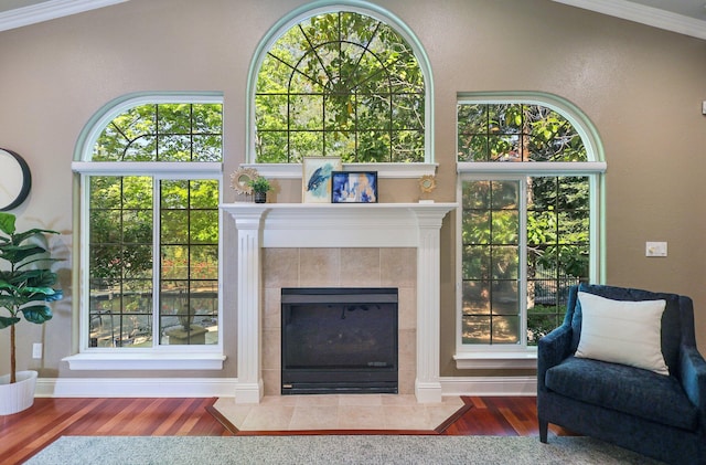 living room with a fireplace, crown molding, and hardwood / wood-style floors