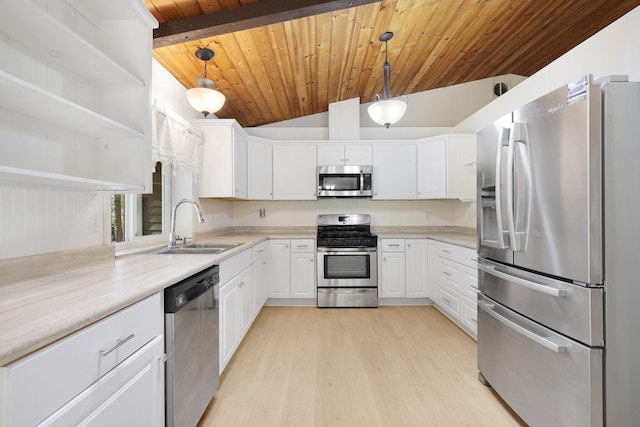 kitchen with pendant lighting, sink, appliances with stainless steel finishes, white cabinetry, and wooden ceiling