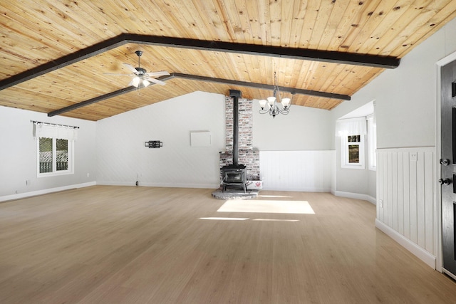 unfurnished living room with vaulted ceiling with beams, wood ceiling, light hardwood / wood-style flooring, a wood stove, and ceiling fan