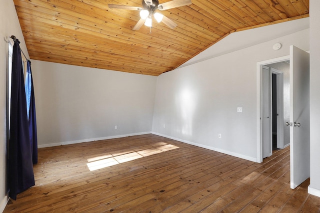 spare room featuring wood ceiling, vaulted ceiling, dark hardwood / wood-style floors, and ceiling fan