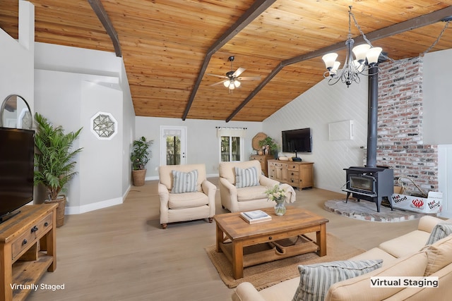 living room with high vaulted ceiling, a wood stove, wood ceiling, and beam ceiling