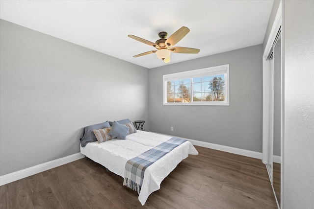 bedroom featuring dark hardwood / wood-style flooring, a closet, and ceiling fan