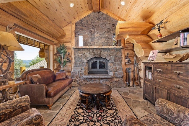 living room with rustic walls, beam ceiling, high vaulted ceiling, and wooden ceiling