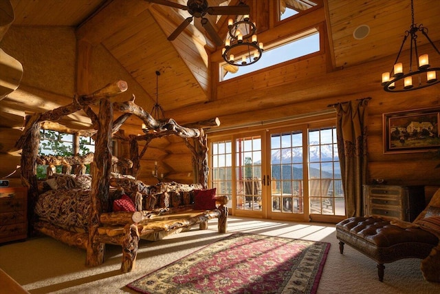 bedroom featuring high vaulted ceiling, wood ceiling, rustic walls, and french doors