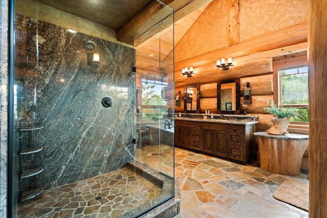 bathroom featuring walk in shower, vanity, rustic walls, and vaulted ceiling with beams