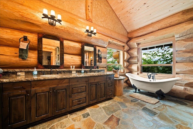 bathroom with a bath, rustic walls, wood ceiling, and vanity