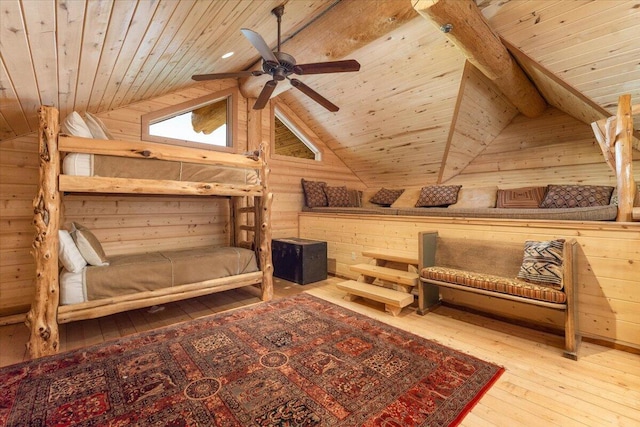 unfurnished room featuring hardwood / wood-style flooring, wooden ceiling, wood walls, and lofted ceiling with beams