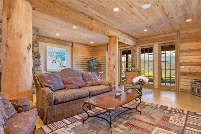 living room featuring rustic walls and wood ceiling