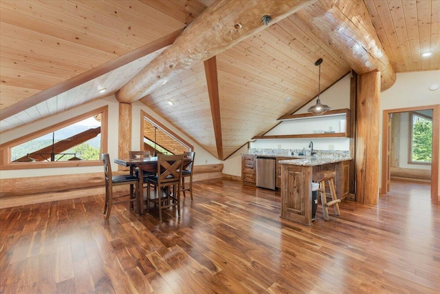 unfurnished dining area with wooden ceiling, a healthy amount of sunlight, and lofted ceiling with beams