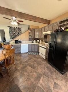 kitchen with ceiling fan, beamed ceiling, and white appliances