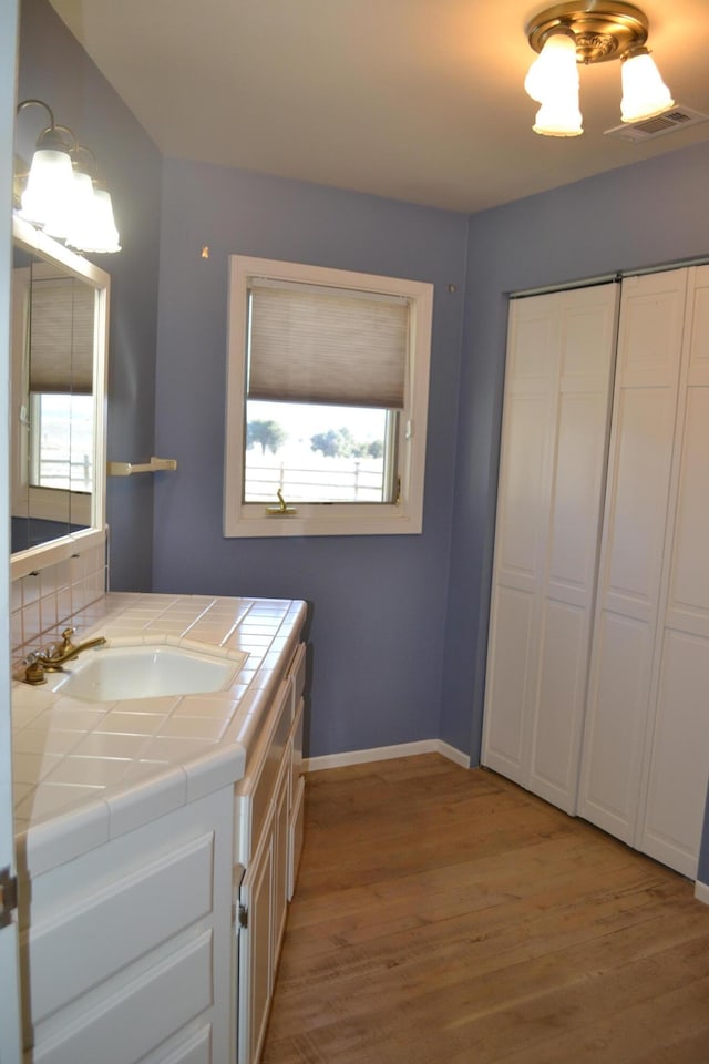 bathroom featuring wood-type flooring, a wealth of natural light, and vanity