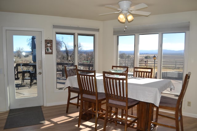 dining area with hardwood / wood-style flooring and ceiling fan