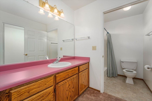 full bathroom with vanity, shower / bathtub combination with curtain, and toilet