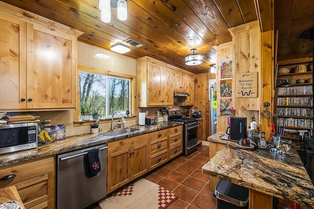 kitchen featuring dark tile patterned floors, wood ceiling, stainless steel appliances, dark stone countertops, and sink