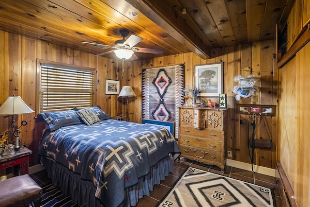 bedroom with ceiling fan, wooden ceiling, beam ceiling, and wood walls