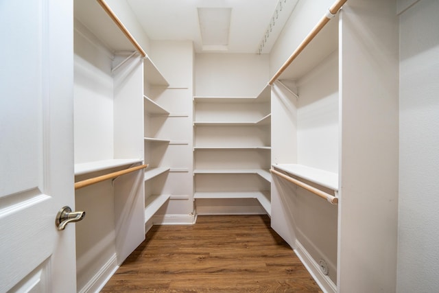 walk in closet with dark hardwood / wood-style flooring