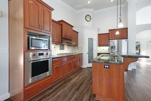 kitchen with sink, appliances with stainless steel finishes, hanging light fixtures, backsplash, and an island with sink