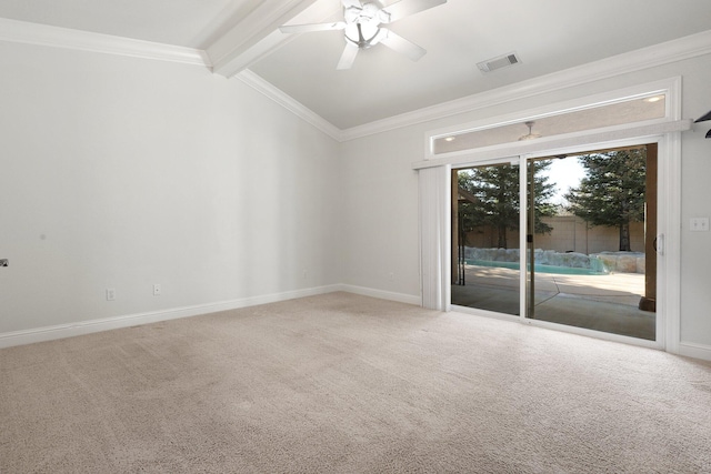 unfurnished room featuring crown molding, ceiling fan, lofted ceiling with beams, and carpet