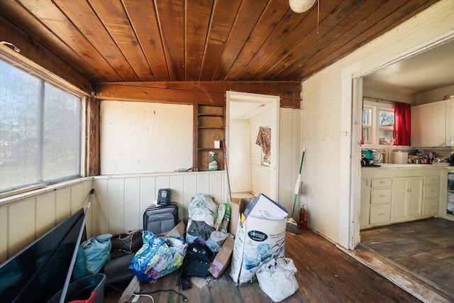 interior space featuring dark wood-type flooring, wood walls, and wooden ceiling