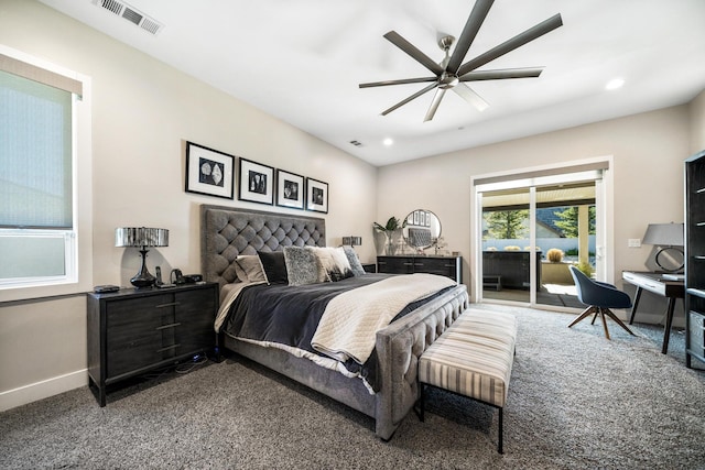 bedroom featuring carpet, access to exterior, and ceiling fan