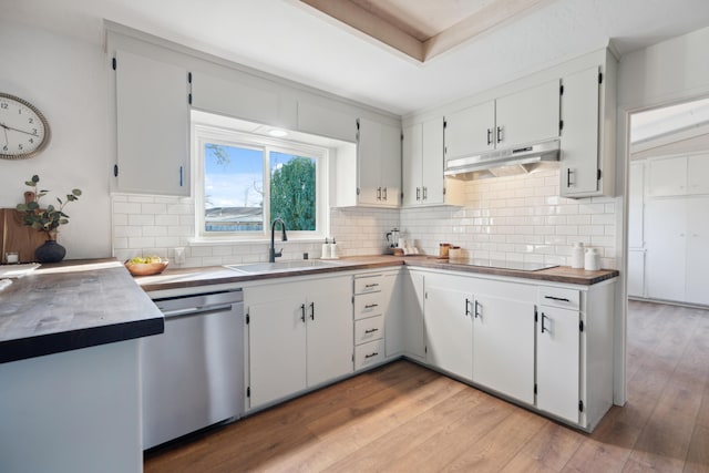 kitchen with sink, light hardwood / wood-style flooring, black electric cooktop, stainless steel dishwasher, and white cabinets