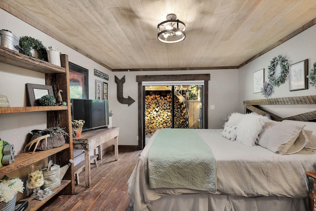 bedroom with crown molding, dark hardwood / wood-style floors, and wooden ceiling