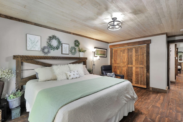 bedroom with ornamental molding, dark hardwood / wood-style floors, and wood ceiling