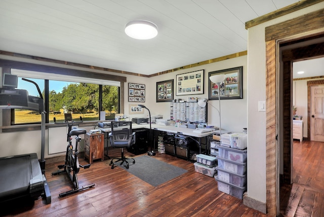 office area with hardwood / wood-style flooring and wooden ceiling