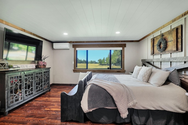 bedroom featuring ornamental molding, dark hardwood / wood-style floors, a wall mounted AC, and wood ceiling