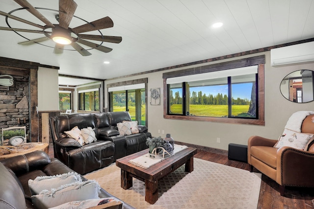 living room featuring dark wood-type flooring, ceiling fan, a wall mounted air conditioner, and wooden ceiling