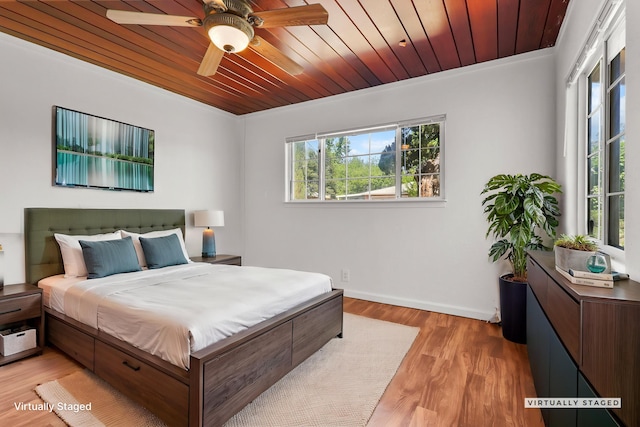 bedroom featuring wooden ceiling, baseboards, light wood-style floors, and a ceiling fan
