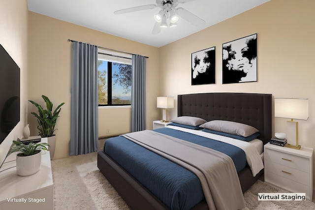 bedroom with light colored carpet and ceiling fan