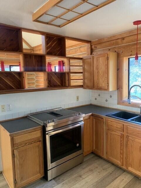 kitchen with sink, electric range, light hardwood / wood-style flooring, and backsplash