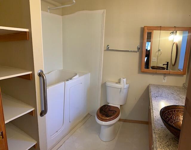 bathroom featuring vanity, a tub, and toilet