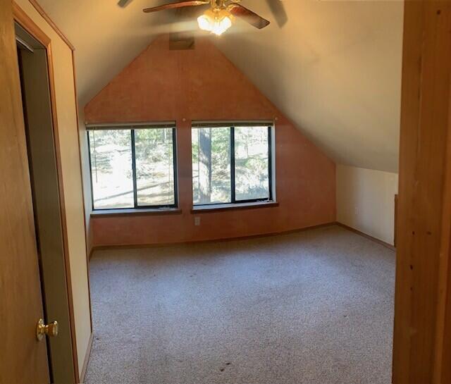 additional living space with lofted ceiling, light colored carpet, and ceiling fan